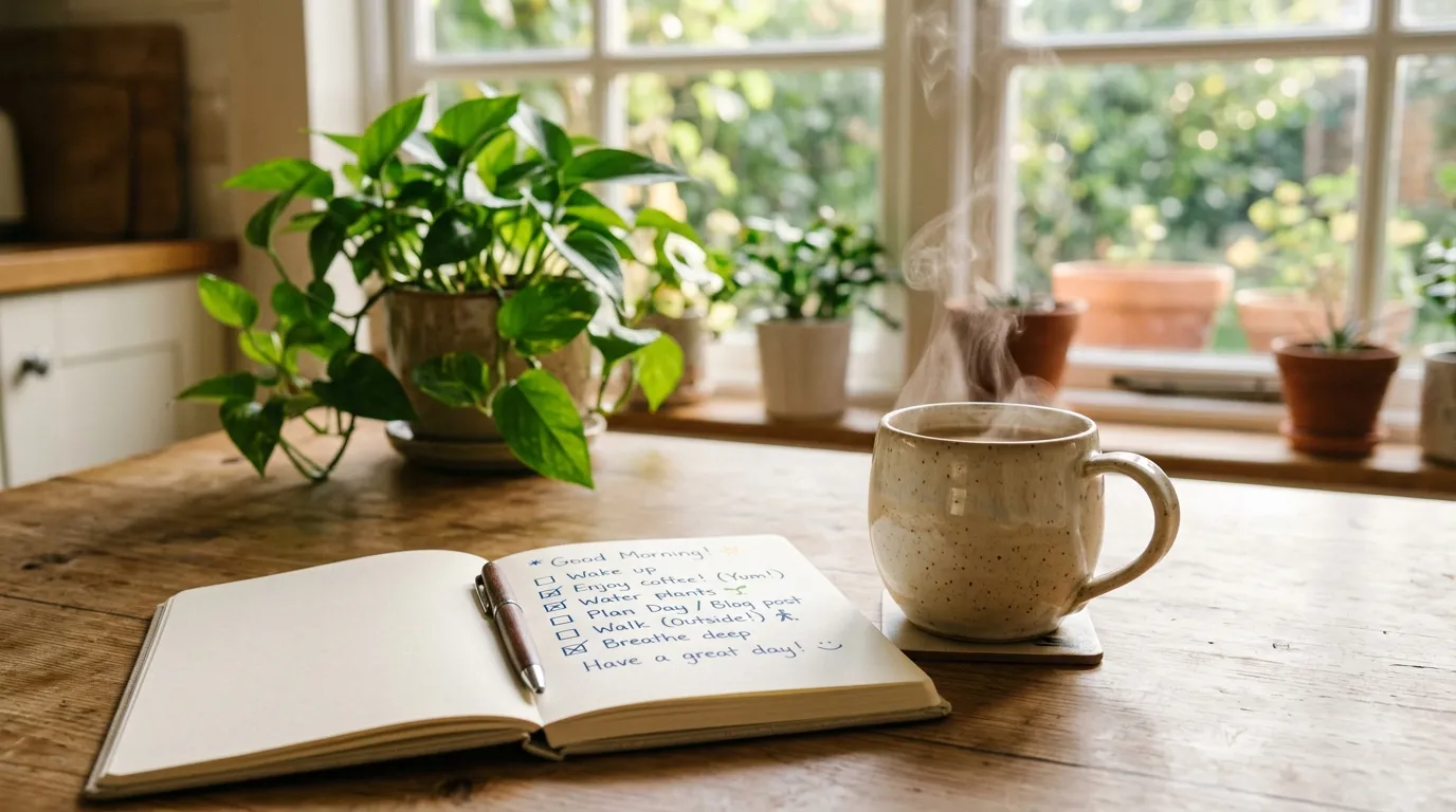 A warm kitchen table with a cup of coffee and an open notebook with a checklist in soft morning light